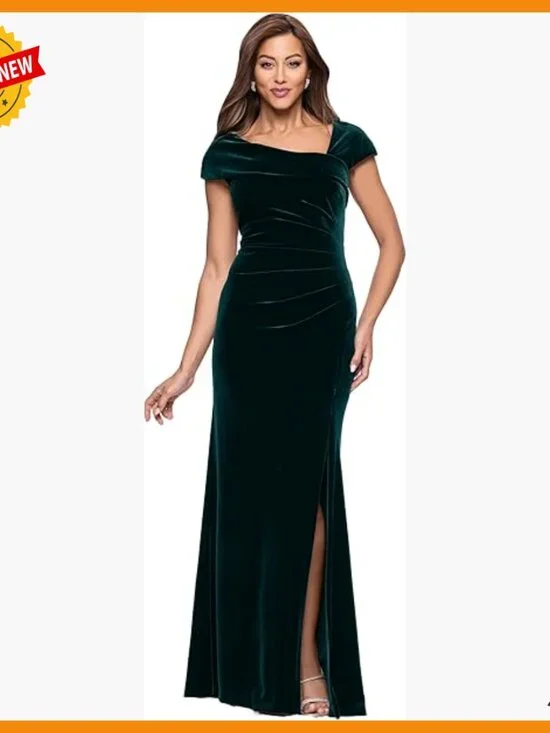 Velvet Formal Gown with Asymmetrical Neckline and Front Slit - Picture 1 of 5